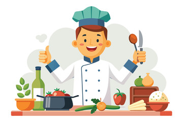 A cartoon chef with a thumbs up stands in a kitchen with cooking utensils in hand.