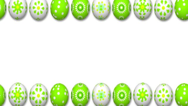 white background covered with green and white decorated easter eggs. concept animation for easter holiday celebration and copy space for greetings.