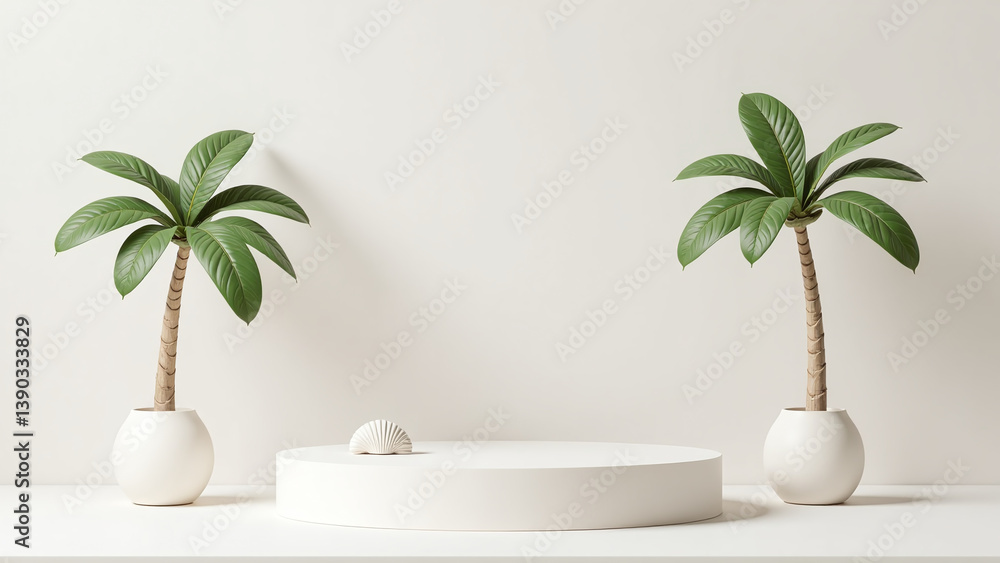 Poster minimalist display empty podium features palm tree seashell