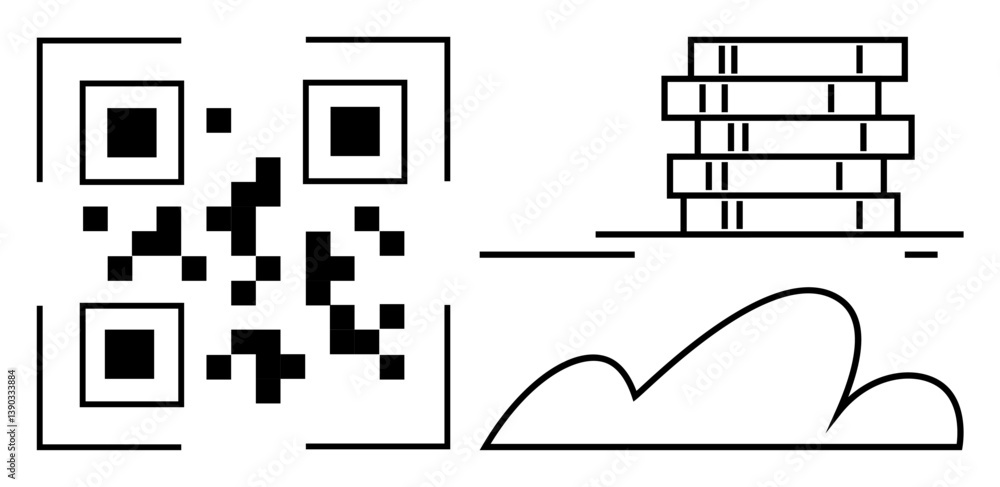 Poster qr code next to server stacks and cloud graphic representing digital storage, networking, and online