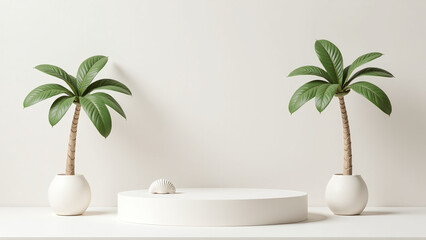 Fototapeta premium minimalist display empty podium features palm tree seashell