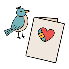 Romantic card featuring a sweet bird perched on an open book, symbolizing love stories and heartfelt messages—perfect for expressing affection and timeless romance.