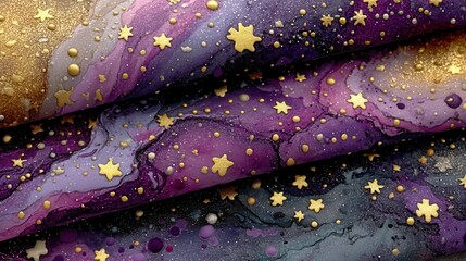 Design a cosmic tie pattern with a gradient of deep purpletoblack, mimicking the Milky Way. Include tiny sparkling stars, nebula clouds, and a few larger shimmering stars for.