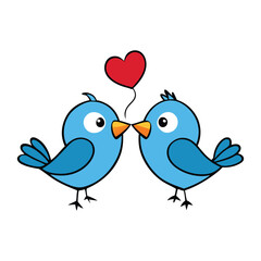 Two lovely birds in love perch closely on a branch, beaks touching sweetly, surrounded by soft hearts and a dreamy sky, symbolizing pure and gentle affection.