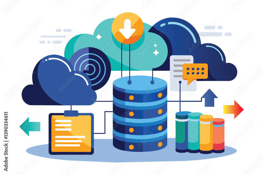 Poster an illustration depicting a cloud database server with data transfer and communication arrows.