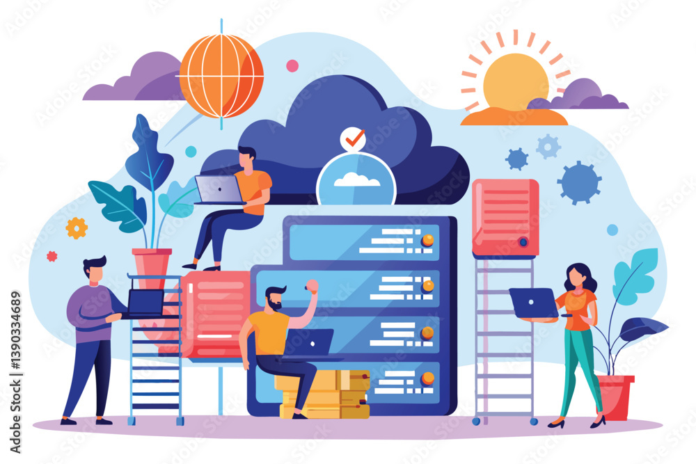 Poster an illustration depicting a group of people working with cloud computing and servers in a sunny day 