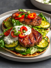 Gourmet Grilled Meal with Fresh Vegetables and Herb Dressing on Flatbread