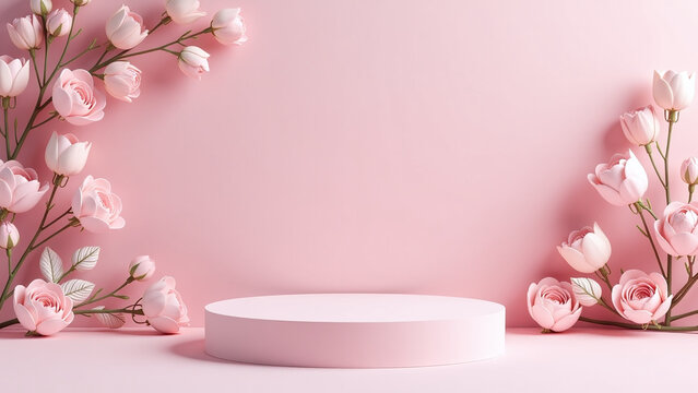 pink floral background circular empty podium white decorations used presentation