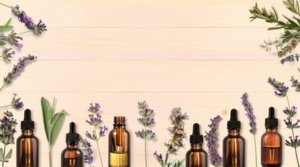Essential Oil Bottles with Lavender and Herbs on Light Wood Background