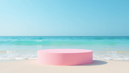 Obraz premium pink poduem stands serene beach setting calming waves clear blue sky