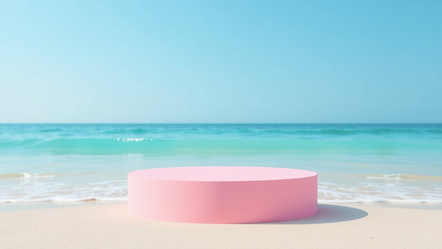 pink poduem stands serene beach setting calming waves clear blue sky - Powered by Adobe