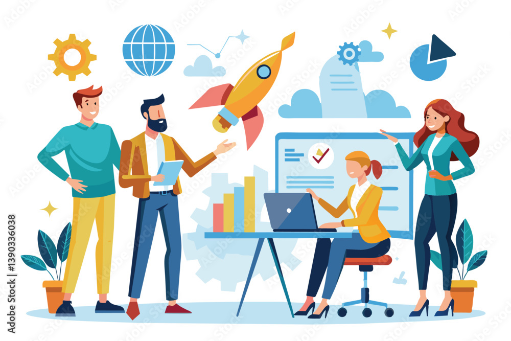 Poster illustration of a business team working together on a project, with a rocket and charts in the backg