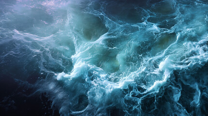 Aerial view of turbulent ocean water showing surface agitation and foam formation in shades of blue