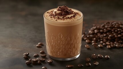 Cappuccino with cocoa powder on top, coffee beans around the cup