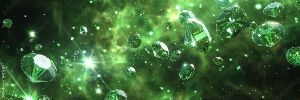 Poster emerald galaxy jewels - sparkling green gems float in a nebula-like space, creating a dazzling and l