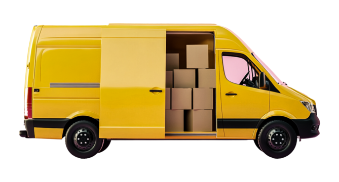 Yellow Delivery Van with Open Back Door and Cardboard Boxes Isolated on Transparent Background, PNG