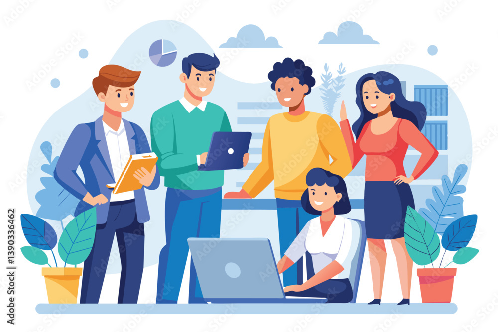 Poster a diverse group of business professionals collaborate on a project in a modern office setting. they 