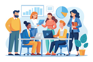 A diverse team of colleagues is working together in a modern office setting. The team includes men and women of various ethnicities and backgrounds.