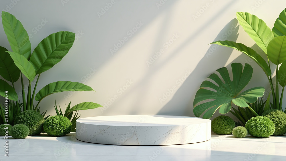 Poster stone product display empty podium features natural green garden backdrop showcasing cosmetics produ