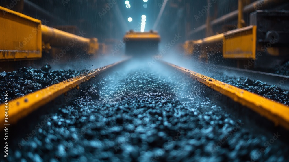 Leinwandbilder Coal extraction is in progress within an underground mining site, highlighting the specialized machinery transporting coal along yellow rail tracks amidst mist and low light conditions.