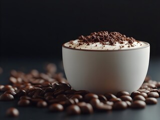 Cappuccino with cocoa powder on top, coffee beans around the cup
