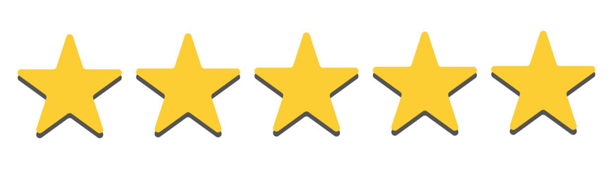5 stars icon. Five star rating icon. Vector icon set. Feedback of user symbol. Review quality. Button click.