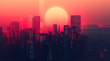 Obraz premium Red sunset over futuristic city skyline.