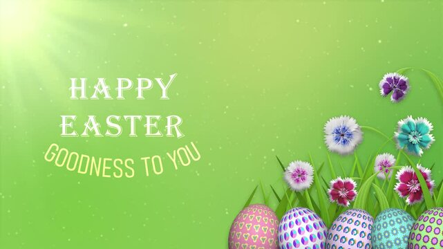 happy easter and goodness to you greeting on green blur background with animated easter eggs and colourful flowers. easter holiday greeting and blessings background.