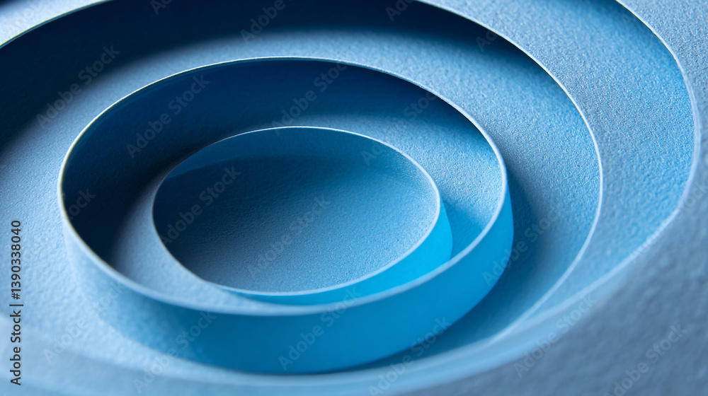 Poster a close up shot of a blue paper spiral with soft shadows and a textured surface in macro view