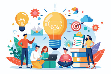 A team of diverse individuals work together to brainstorm ideas, represented by a large lightbulb, while surrounded by symbols of innovation and success.