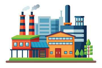 Obraz premium A cartoon illustration of a small industrial complex with smoke stacks, buildings, and trees.