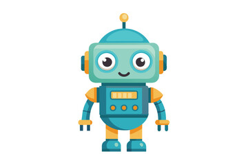 A cartoon robot with a blue body and yellow arms stands in front of a white background. The robot has big, round eyes and a smiling expression.