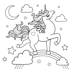 Cartoon unicorn walking on a rainbow. Black and white linear drawing. Isolated on a white background. For children's design of coloring books, prints, posters, cards, stickers, etc. Vector illustratio