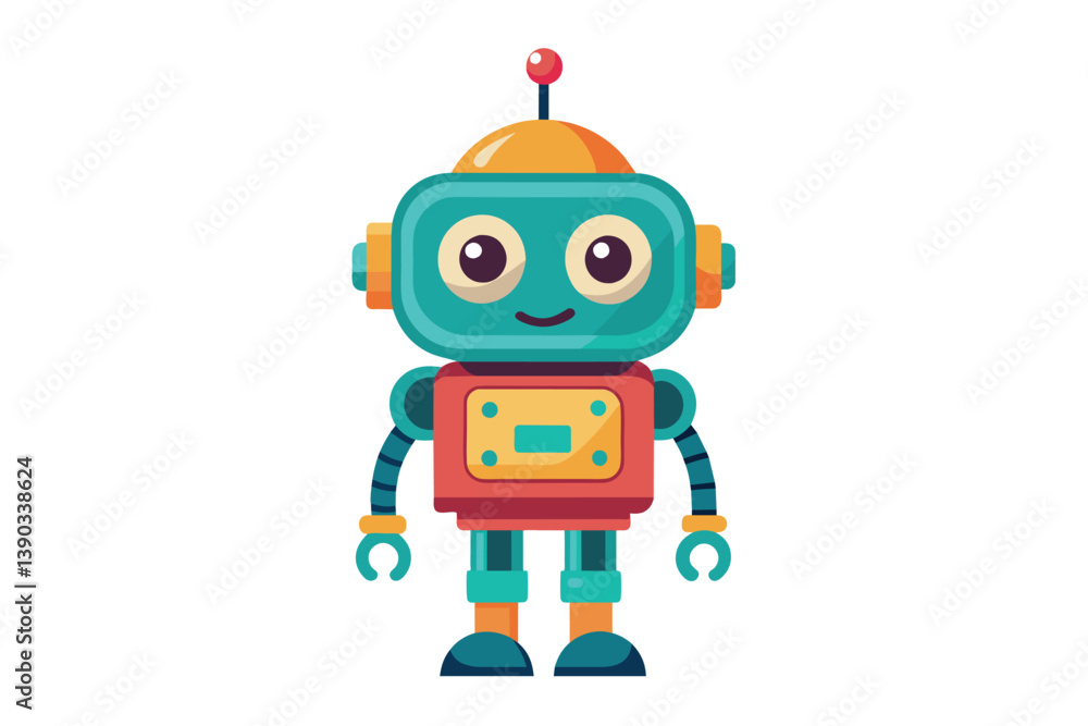 Poster this image shows a friendly cartoon robot with a blue and red color scheme. the robot is smiling and
