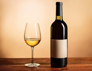 Elegant wine bottle mockup with blank label on a wooden table next to an empty glass of wine