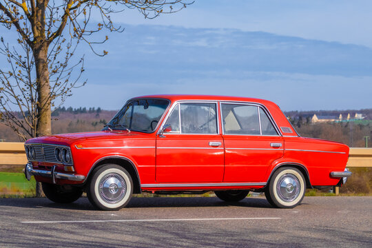 Vintage soviet russian VAZ-2103 Zhiguli Lada sedan car on a countryside road