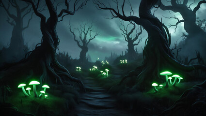 Glowing Mushrooms in a Dark Forest