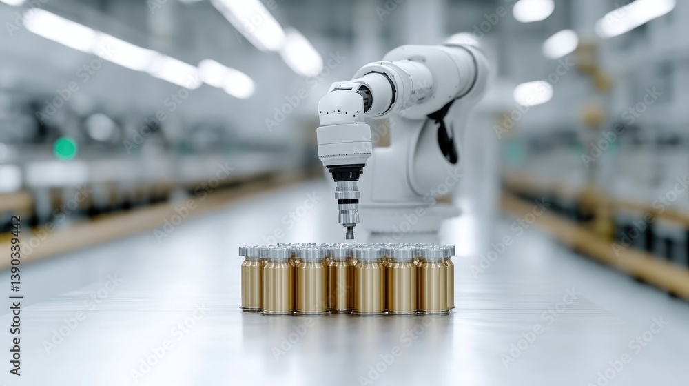 Poster automated robotic arm precisely placing small gold-capped vials in a sterile factory environment