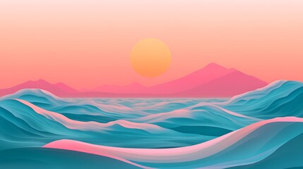 Pastel sunset over stylized ocean and mountains. (2)
