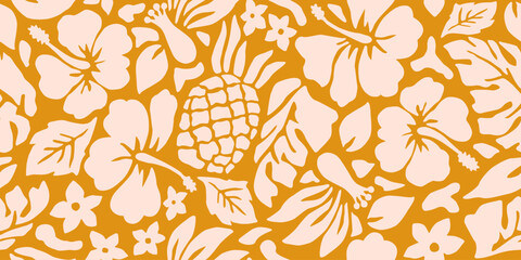 Hand drawn tropical flowers, seamless patterns with floral for fabric, textiles, clothing, packaging, cover, poster, interior decor, abstract natural backgrounds. Vector illustration.