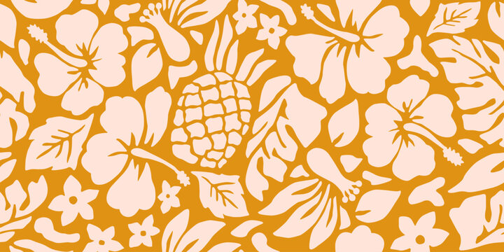 Hand drawn tropical flowers, seamless patterns with floral for fabric, textiles, clothing, packaging, cover, poster, interior decor, abstract natural backgrounds. Vector illustration.