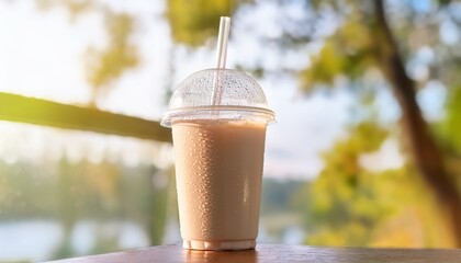 Cold smoothie cup mockup with a clear plastic lid and straw. Condensation droplets