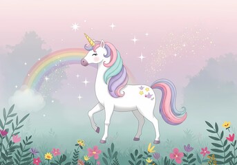 Fototapeta premium Magical Unicorn in a Rainbow Meadow