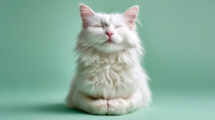 A beautiful white cat peacefully rests, eyes closed, showcasing its fluffy fur on a green backdrop.