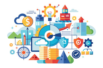 An illustration depicting various business growth strategies, including cloud computing, data analysis, security, and innovation.