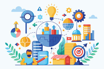 Obraz premium Illustration of a businessman planning strategic growth for urban development with several visual elements representing ideas, data, and goals.