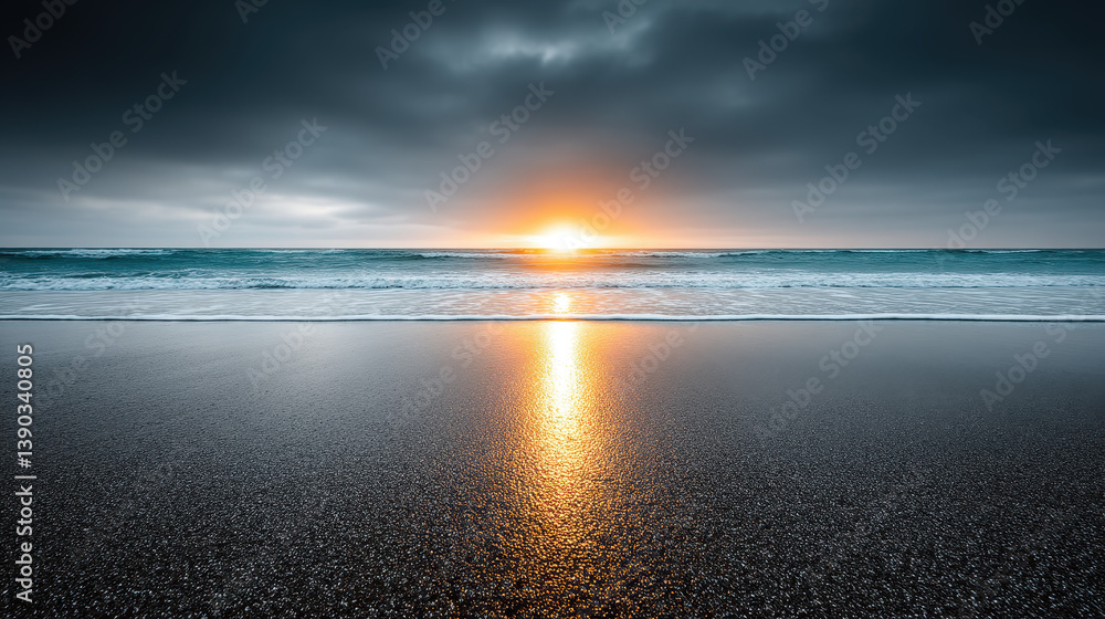 Aufkleber ocean landscape with binary-coded waves and electric reflections during an algorithmic sunrise
