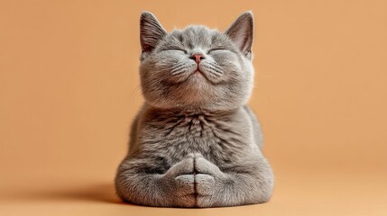 A sweet grey cat with closed eyes, relaxed and serene, posing with paws together on orange background.