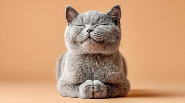 A charming British Shorthair cat peacefully meditating with eyes closed on an orange backdrop.