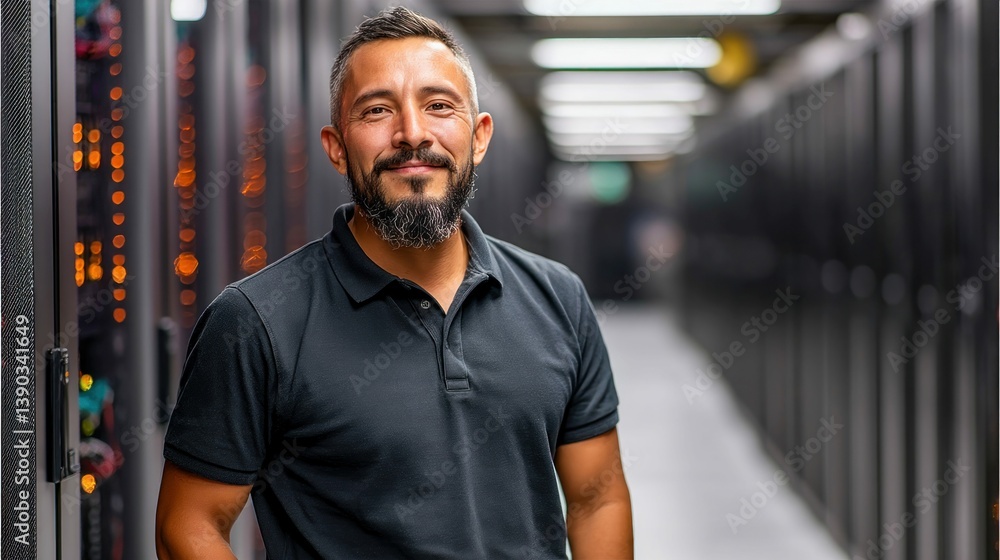 Poster a smiling man poses in a server room, representing it and data center technology.